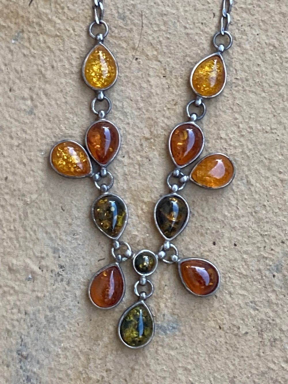 Vintage V-B 925 POLAND Sterling Silver & Synthetic Baltic Amber Necklace
